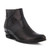 Black polished leather bootie with color blocking design and stacked heel.