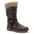 Dark brown vegan leather pull on boot with decorative zipper.