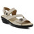 Off white leather ankle strap sandal with 3 adjustable straps.