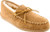 Golden tan sheepskin hardsole moc with rawhide lace by Minnetonka.