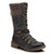 Taupe water resistant vegan leather boot with knitted shaft.