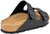 Black synthetic leather two strap sandal with cork footbed by Birkenstock.