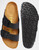 Black synthetic leather two strap sandal with cork footbed by Birkenstock.