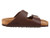 Brown synthetic leather two strap sandal with cork footbed by Birkenstock.