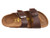 Brown synthetic leather two strap sandal with cork footbed by Birkenstock.