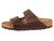 Brown synthetic leather two strap sandal with cork footbed by Birkenstock.