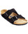 Black suede two strap sandal with cork footbed by Birkenstock.