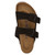 Black suede two strap sandal with cork footbed by Birkenstock.
