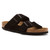 Black suede two strap sandal with cork footbed by Birkenstock.
