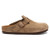 Taupe suede clog with cork footbed by Birkenstock.