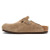 Taupe suede clog with cork footbed by Birkenstock.