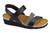 Black matte three strap sandals with cork footbed by Naot.