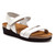 White leather three strap sandal with cork footbed by Naot.