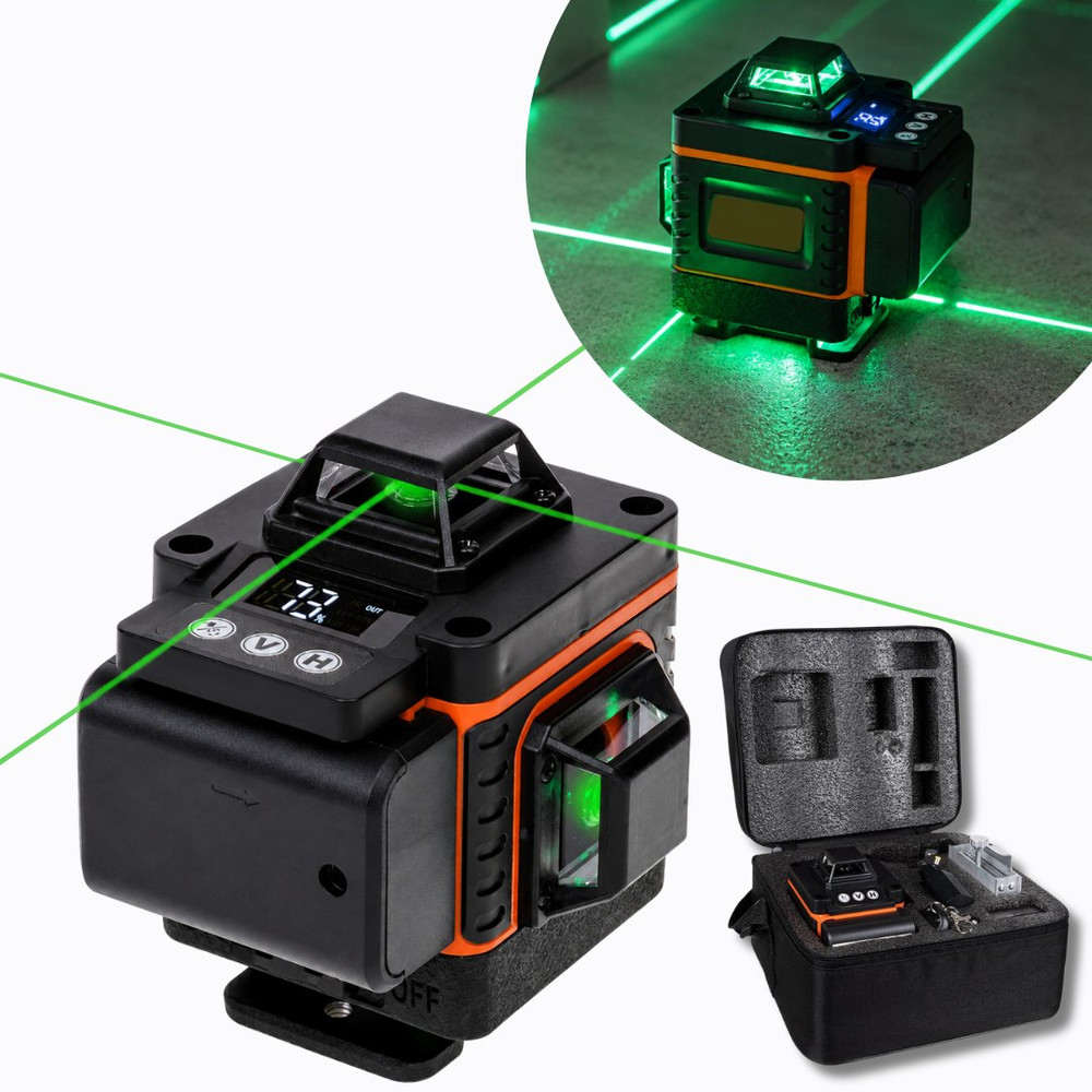 Nivel láser autonivelante 360 grados · 4 líneas verdes y ±2 mm/10 m