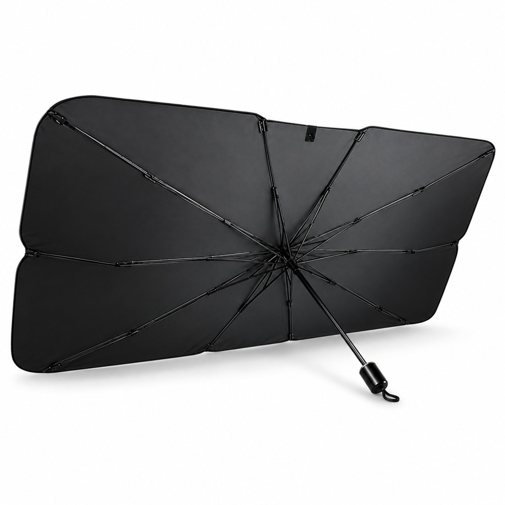 Parasol de parabrisas tipo paraguas abierto, cara interior negra con varillas, muesca del retrovisor y mango negro con lazo