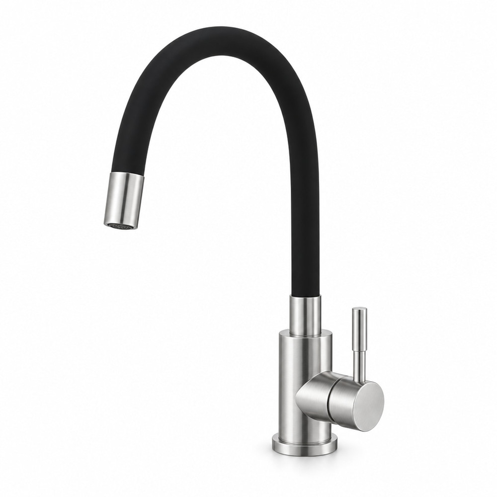 Grifo de cocina monomando con caño flexible negro, cuerpo de acero satinado, palanca lateral y boquilla plateada