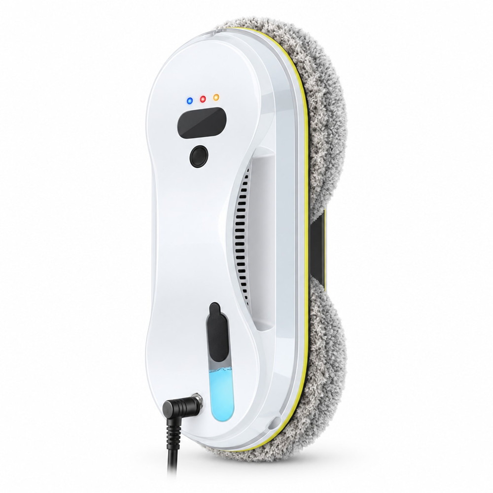 Robot limpiacristales blanco en vista de tres cuartos, con paños grises de microfibra, filete amarillo y cable negro