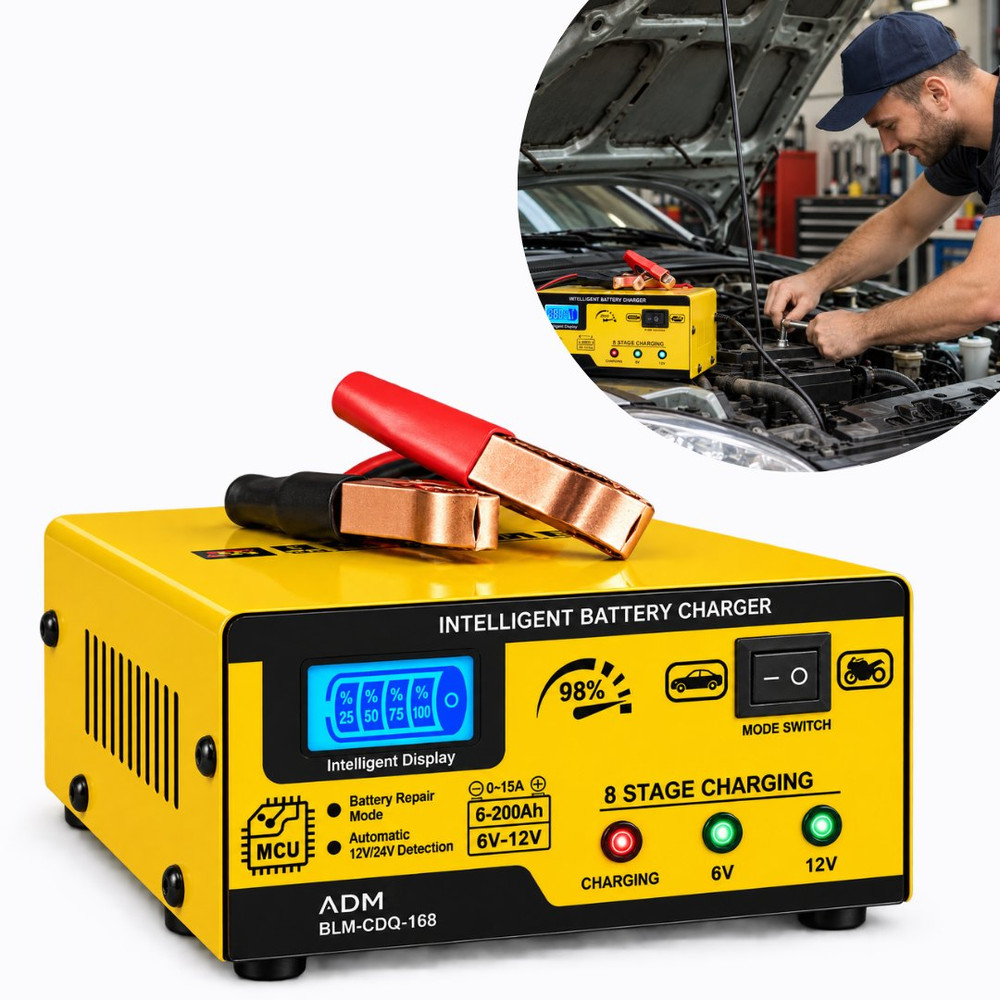 Carregador de baterias inteligente ADM · 15 A, 3-200 Ah, ecrã LCD