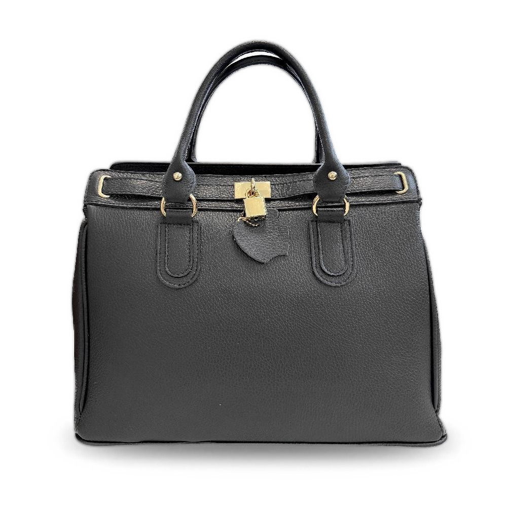 Bolso de mano de piel auténtica granulada con candado en color negro