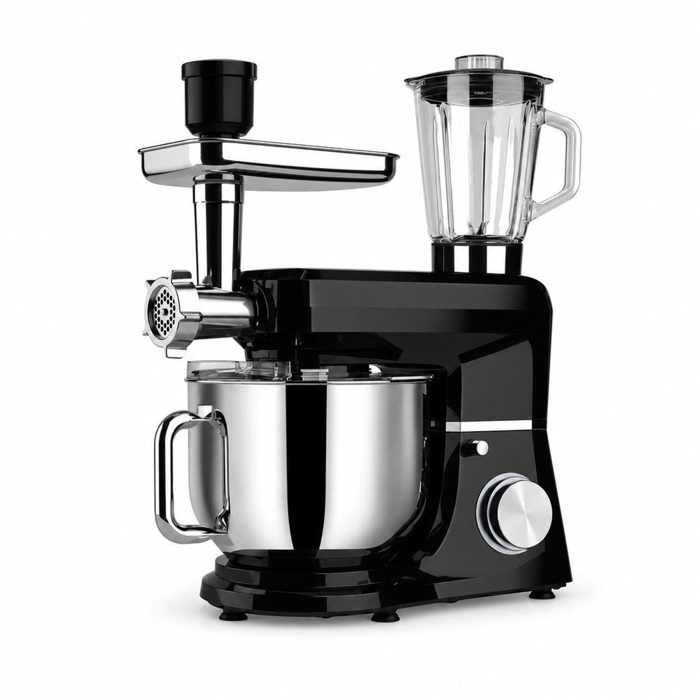 Robot de cocina planetario negro con bol plateado, vaso batidor transparente y picadora de carne cromada acoplada
