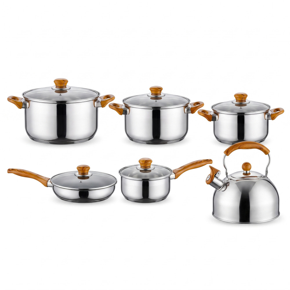Batería de cocina de 11 piezas en acero inoxidable con asas de efecto madera: tres ollas, sartén, cazo, hervidor y cinco tapas