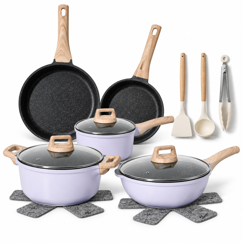 Batería de cocina de 13 piezas en lavanda con cacerola, wok, cazo, sartenes y utensilios