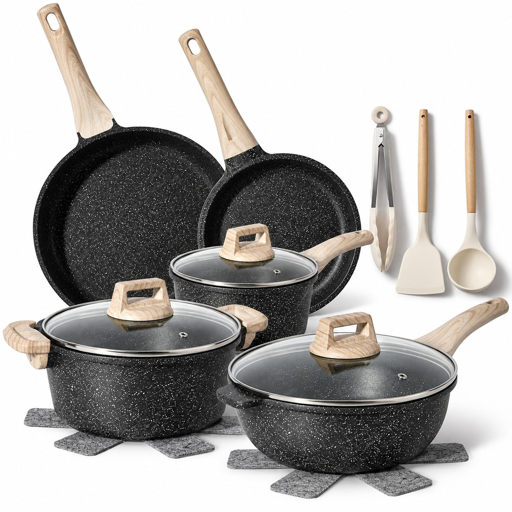Batería de cocina de 13 piezas en negro granito con cacerola, wok, cazo, sartenes y utensilios