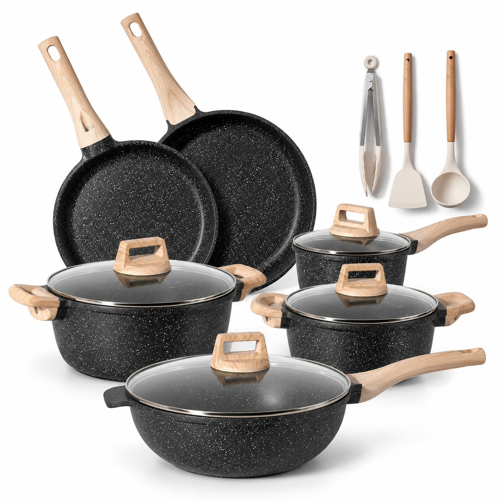Bateria de cocina de 15 piezas con wok en granito negro Just Perfecto JL-789 vista de conjunto