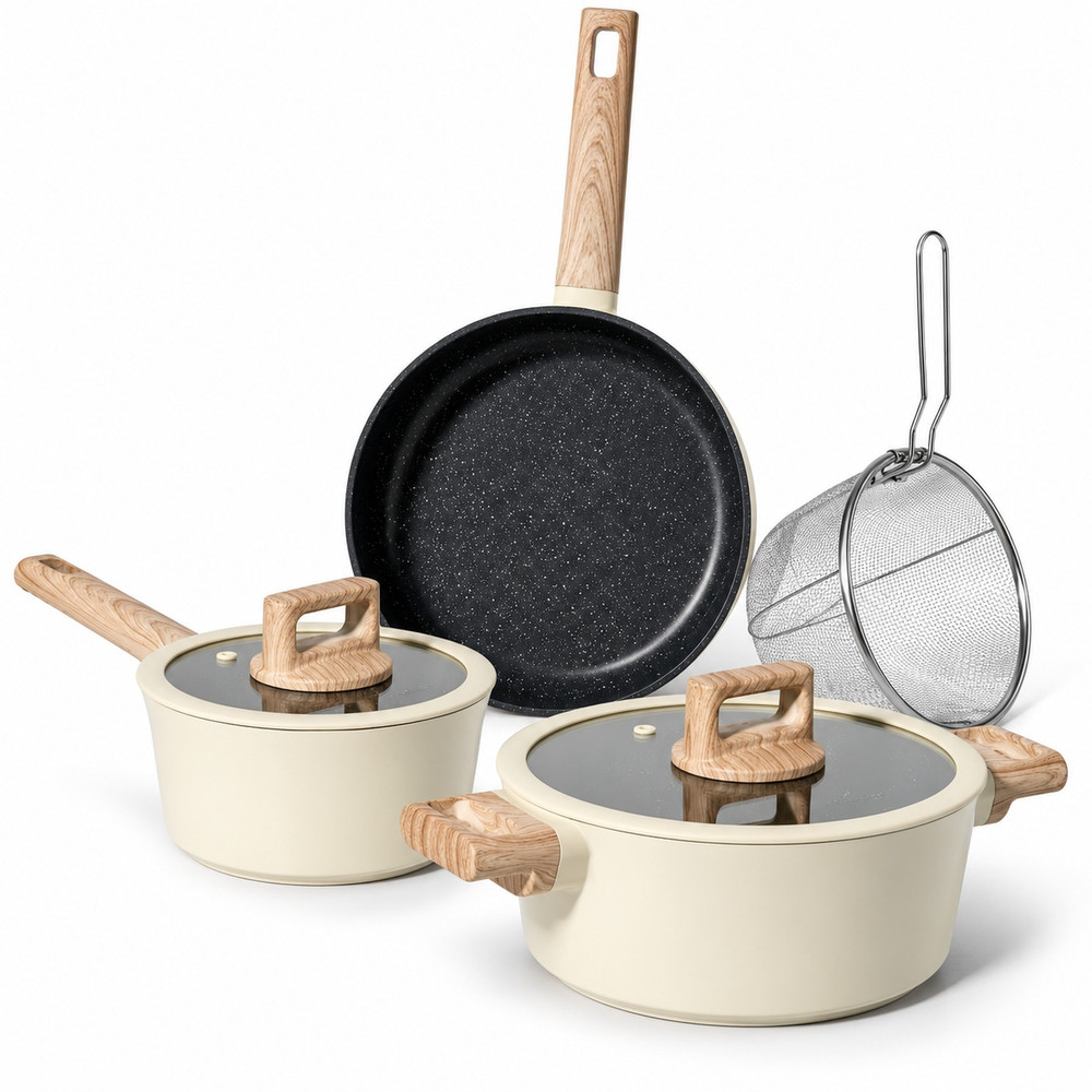 Batería de cocina de 6 piezas en beige con cacerola, cazo, sartén y cesta freidora