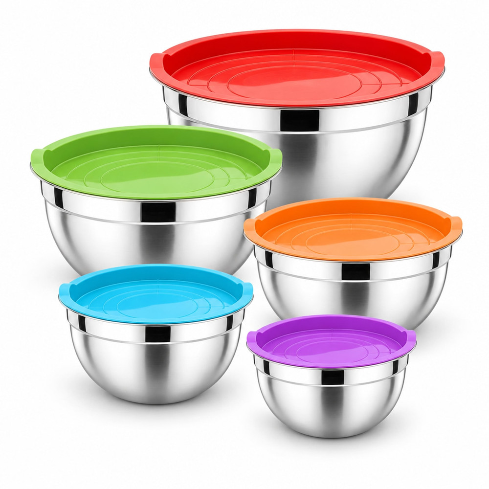 Juego de 5 boles de acero inoxidable plateado con tapas roja, verde, naranja, azul turquesa y morada