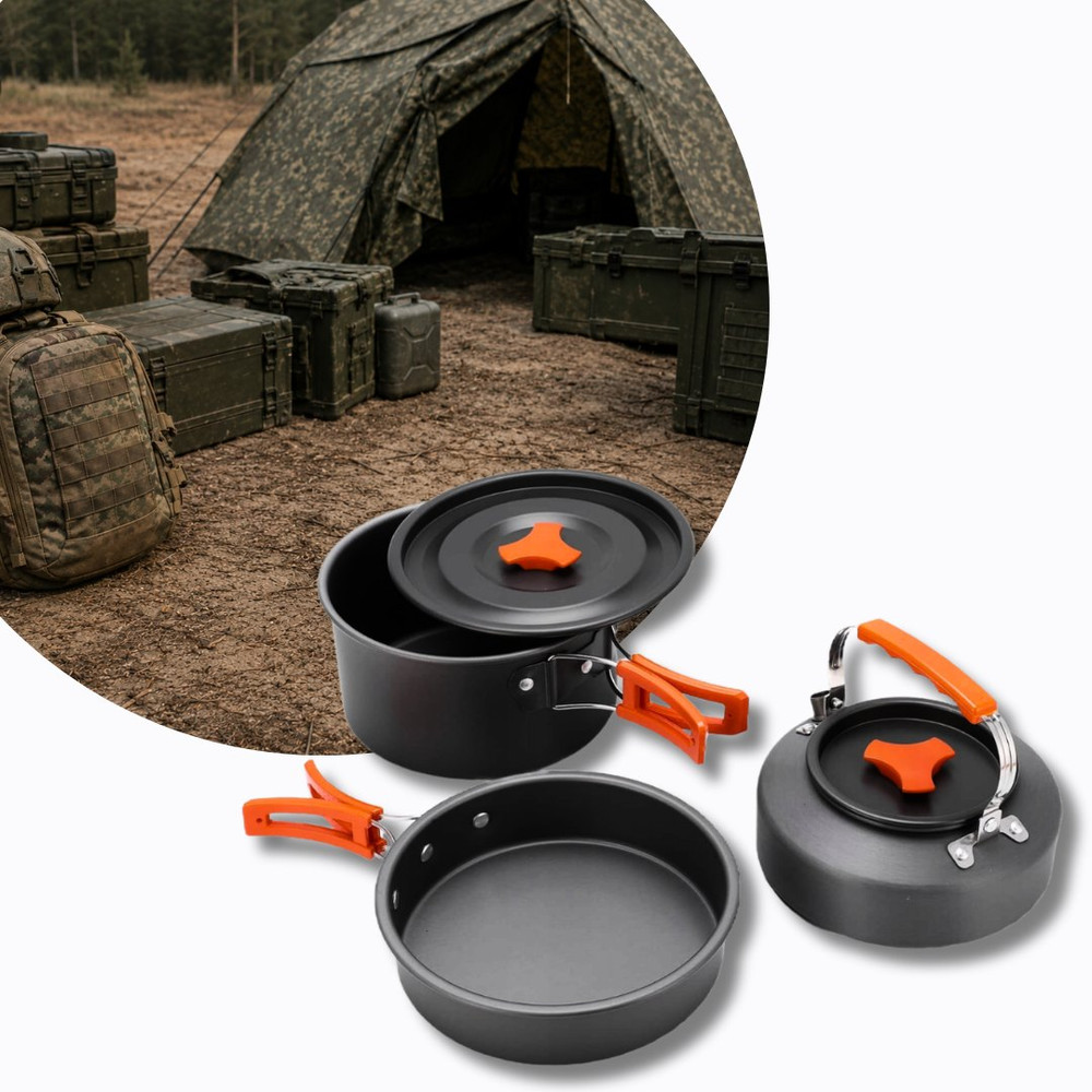 Batería de cocina de camping y supervivencia · aluminio con asas plegables