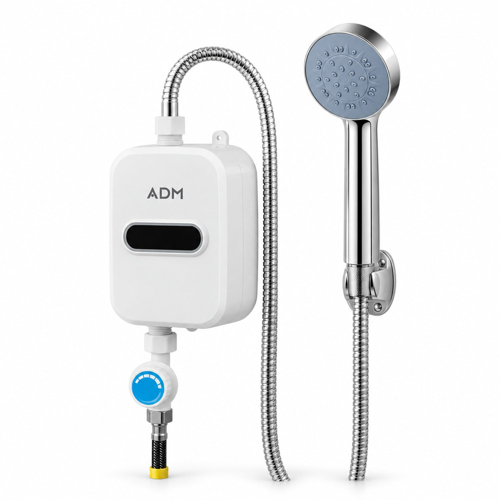 Calentador instantáneo ADM blanco con pantalla apagada, válvula de dial azul y ducha de mano cromada con soporte