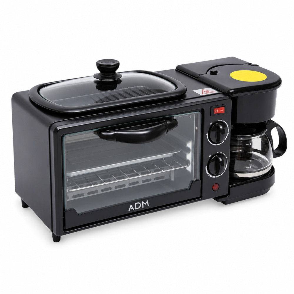 Centro de desayuno 3 en 1 ADM negro: horno, sartén con tapa de cristal y cafetera con jarra, en vista de tres cuartos