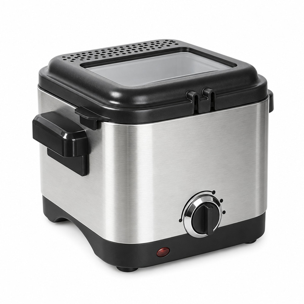 Freidora de aceite en plata (acero cepillado) con negro, con tapa con visor, asa lateral, mando y piloto rojo