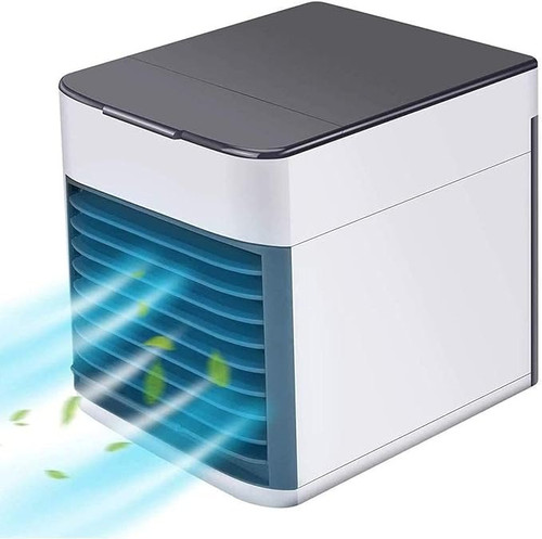 Mini climatizador evaporativo USB · 3 velocidades, humidificador, luz LED