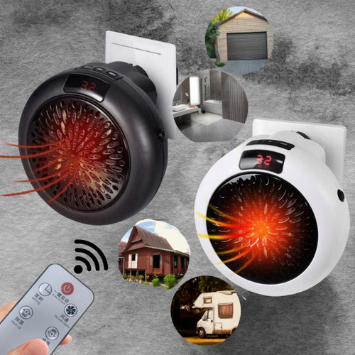 Mini calefactor de enchufe 900 W · Mando, pantalla LED y temporizador