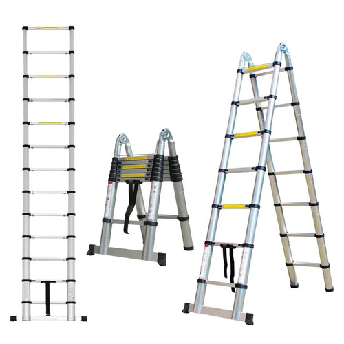 Escalera telescópica de aluminio · 4,40 m · 150 kg · uso como tijera
