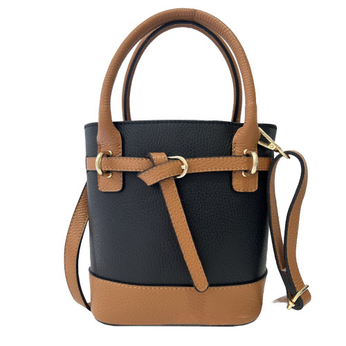 Bolso cubo bicolor de piel con lazo en color negro