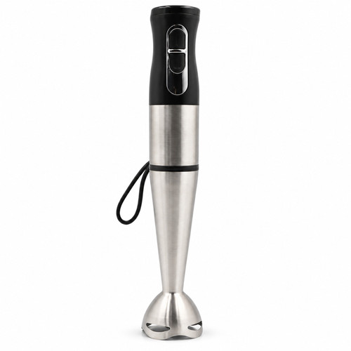 Batidora de mano de 1200 W con cuerpo negro y brazo de acero inoxidable, vista tres cuartos