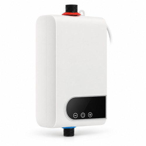 Calentador de agua instantáneo blanco roto con panel táctil negro y tomas roscadas de aro rojo y azul