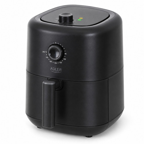 Freidora de aire Adler AD 6310 de 3 litros negra mate en vista tres cuartos con mando de temperatura sobre fondo blanco