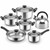 Bateria de cocina de 11 piezas en acero inoxidable con asas negras: tres ollas, sarten, cazo, hervidor y cinco tapas de cristal