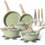 Batería de cocina de 13 piezas en verde salvia con sartenes, wok, cacerola, cazo y utensilios