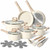 Batería de cocina de 15 piezas en crema con tres ollas, cazo, dos sartenes y utensilios
