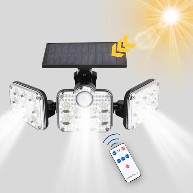 Foco solar con sensor y mando · tres modos y detección de 120 grados