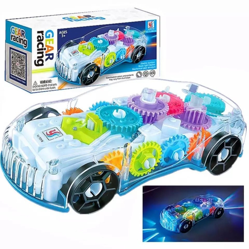 Coche de juguete transparente con luces y música · con engranajes visibles
