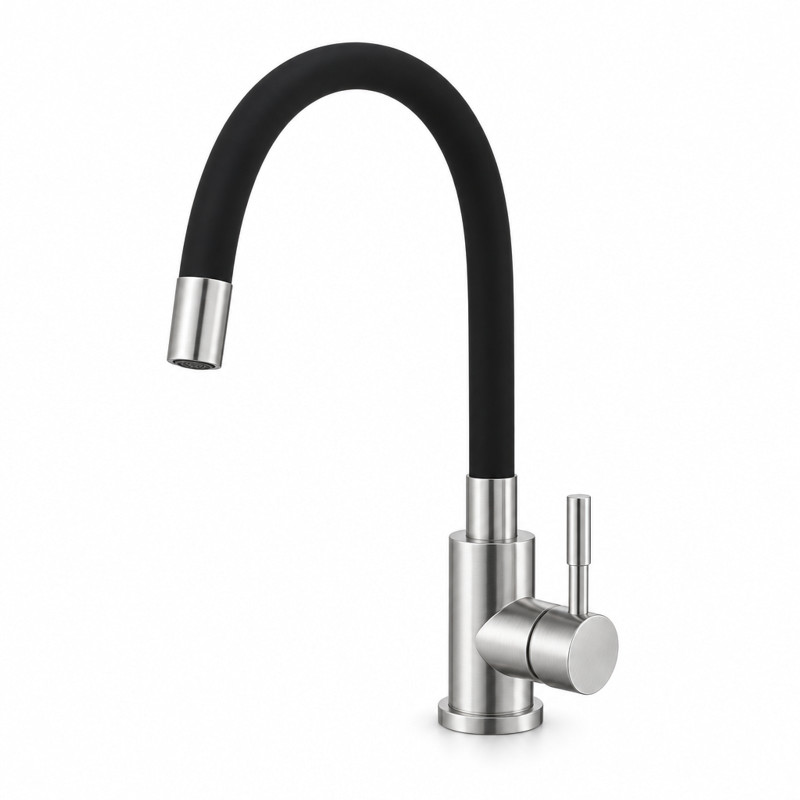 Grifo de cocina monomando con caño flexible negro, cuerpo de acero satinado, palanca lateral y boquilla plateada