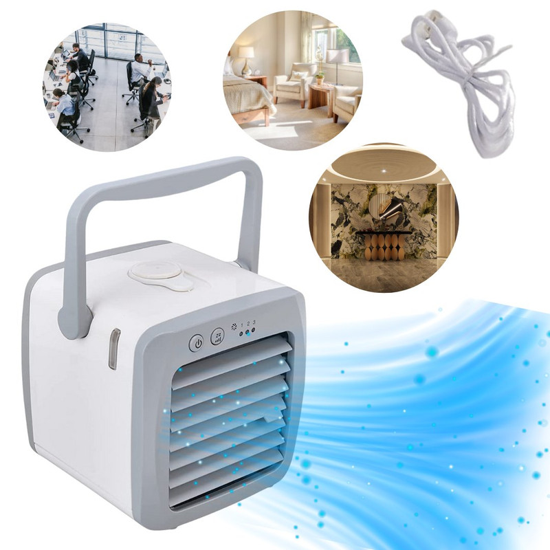 Mini climatizador USB portátil con asa · depósito 200 ml, 3 velocidades