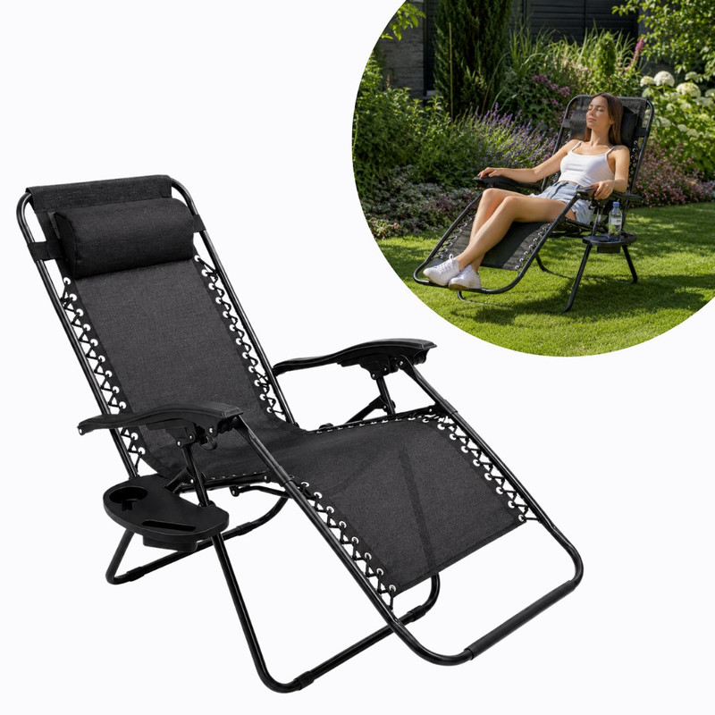 Tumbona reclinable plegable ADM · reposacabezas, bandeja y portavasos