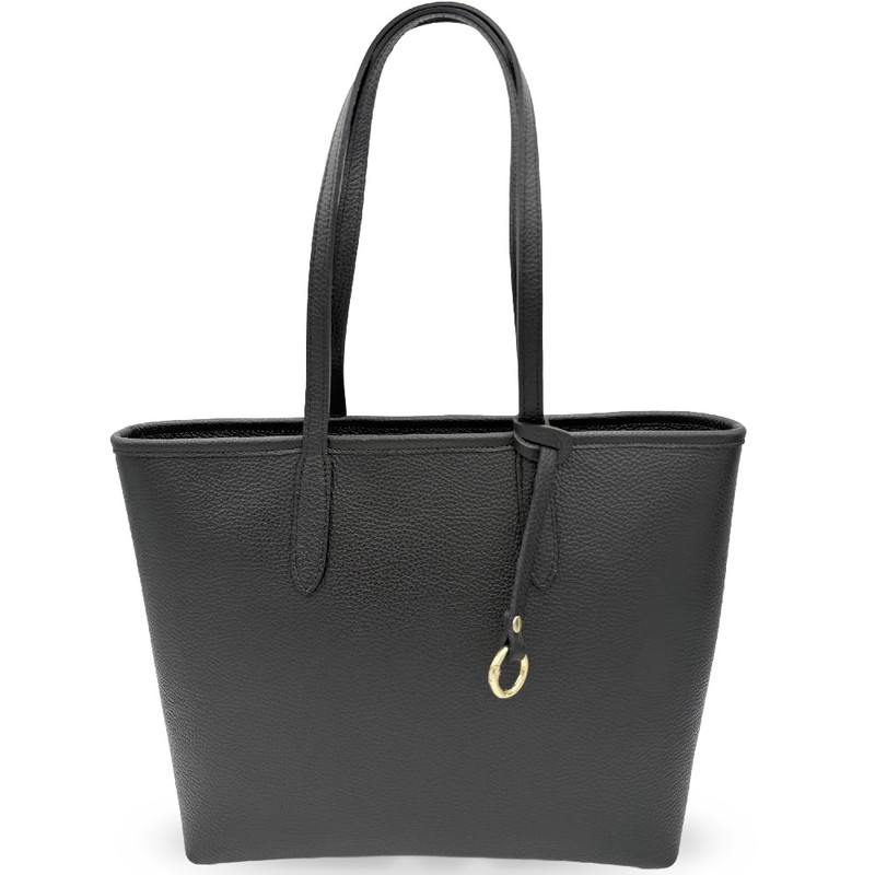Bolso shopper de piel auténtica granulada en color negro